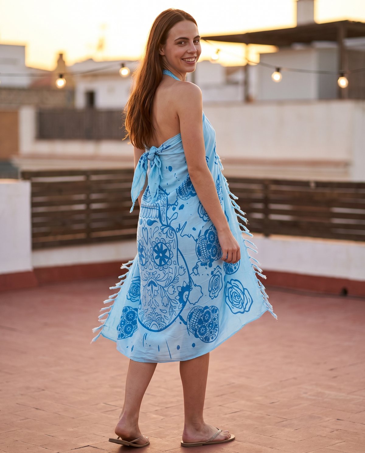 Sugar Skull & Roses Sarong — light blue